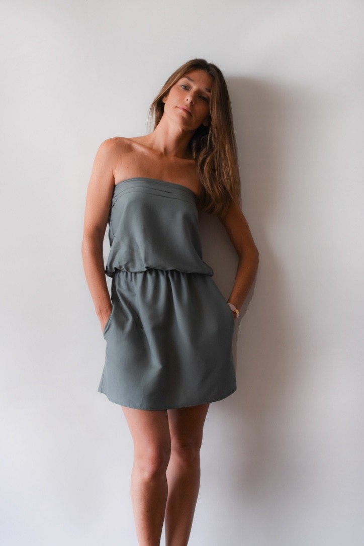 khaki strapless dress